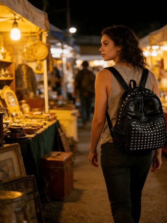 Studded Backpack Punk Rock Style Streetwear Backpack with Silvery Rivets